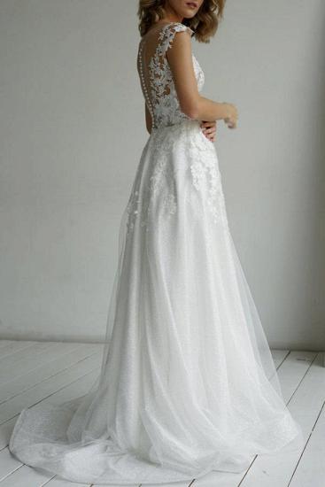 Chic Floral Lace Tulle Wedding Dress Aline Cap Sleeves Bridal Dress Long_2