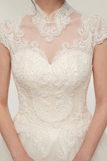 A-line High Neck Short Sleeves Long Lace Appliques Wedding Dresses with Lace-up_10