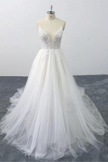 Bradyonlinewholesale Sexy Spaghetti Straps Tulle Lace Wedding Dress V-Neck Ruffles Appliques Bridal Gowns Online