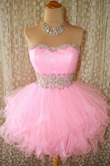 Cute Pink Crystal Organza Mini Homecoming Dresses Lace-Up Sweetheart Fitted Short Dress with Beadings_1