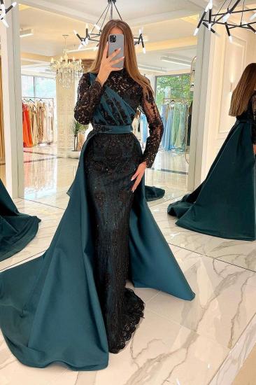 Amazing Long Sleeves Satin Mermaid Prom Dress Black Sequins Long Evening Dress with Sweep Train_1