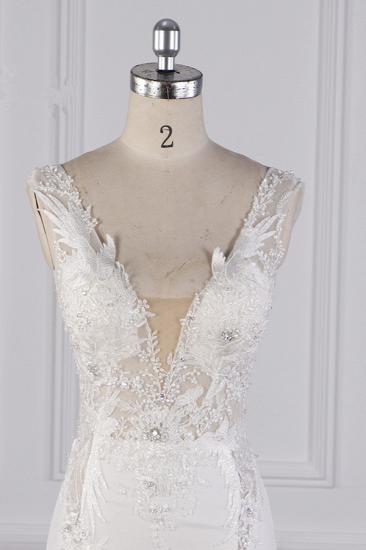 Bradyonlinewholesale Glamorous Mermaid Satin Sleeveless Wedding Dress White Lace Appliques Bridal Gowns with Beadings On sale_5