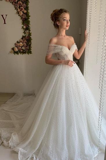 Trendy Off-the-shoulder Princess Pearl White Ball Gown Wedding Dresses