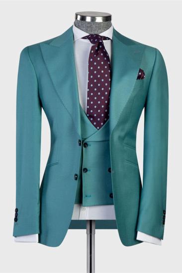 Green Fashion Point Lapel Two Button Three Piece Men Suits_1