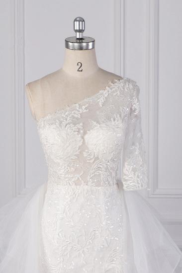 Bradyonlinewholesale Glamorous Sheath Lace Tulle Wedding Dress One-Shoulder 3/4 Sleeve Appliques Bridal Gowns Online_3