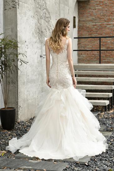 Luxury Mermaid Ivory V-neck Spring Lace Wedding Dress with Ruffles Train_2