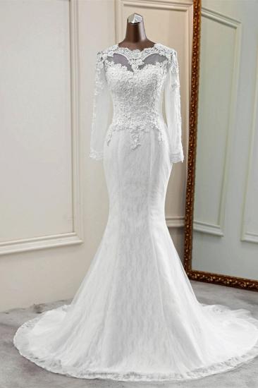 Bradyonlinewholesale Elegant Jewel Long Sleeves White Mermaid Wedding Dresses with Rhinestone Online