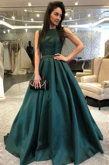 Dark Green A-Line Sleeveless Evening Dresses Online | Open Back Crystal Cheap Evening Gown