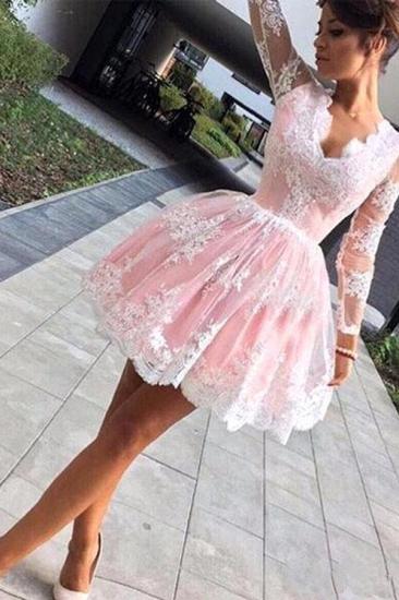 Long sleeves Lace Pink Back to school V-neck Puffy Homecoming Dress_2