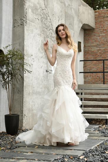 Luxury Mermaid Ivory V-neck Spring Lace Wedding Dress with Ruffles Train_5
