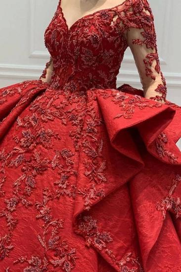 Burgundy Lace Appliques Long sleeves V-neck Ruffles Ball Gowns Evening Gowns_4