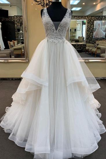 Bradyonlinewholesale Glamorous White Tulle Lace Ruffles White Wedding Dress Sleeveless Appliques Bridal Gowns On Sale_1