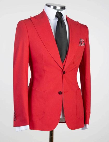 Red Peaked Lapel Three Pieces Close Fitting Men Suits_3