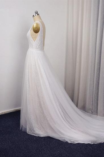 Bradyonlinewholesale Chic Straps V-Neck White Tulle Lace Wedding Dress Sleeveless Ruffles Bridal Gowns On Sale_4