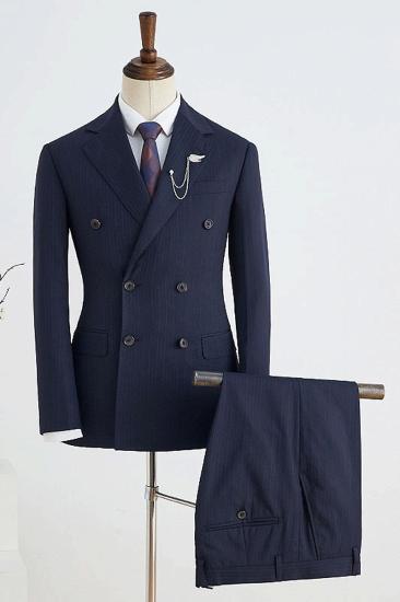Beck Stylish Navy Striped Notched Lapel Double Breasted Custom Business Suit_1