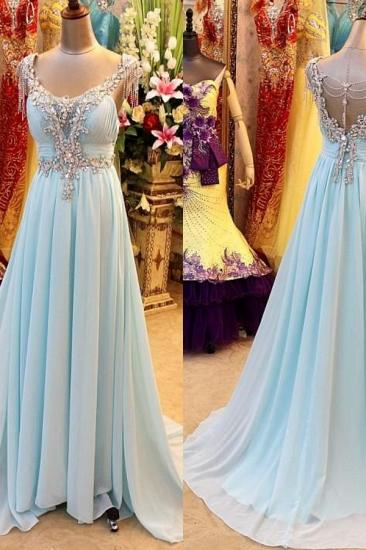 Light Blue Chiffon Long Prom Dresses Sleeveless Open Back Elegant Popular Long Evening Dresses_2