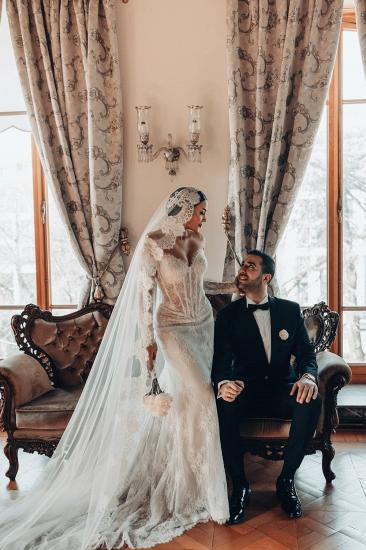 Off-the-Shoulder Appliques Lace Mermaid Wedding Dresses Long Sleeve_8