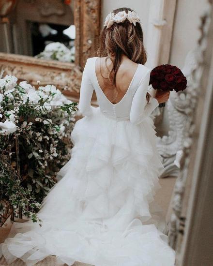 Long sleeves low back white ruffles wedding dress with court train_3