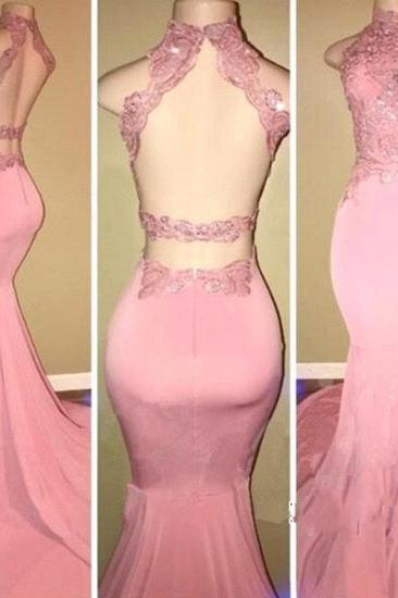 2022 Pink Open-Back High-Neck Prom Dresses | Long Mermaid Appliques Evening Dresses_2