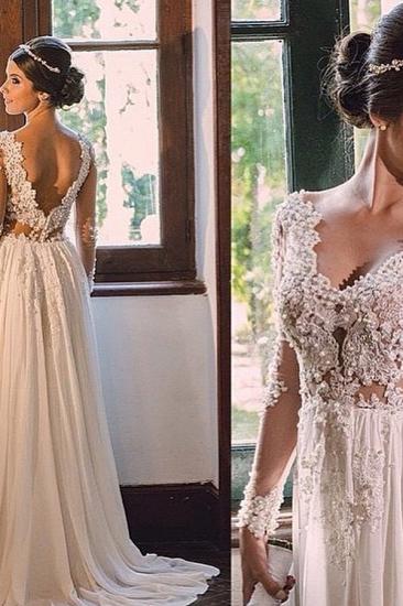 Simple A-line Sweep-Train Chiffon V-neck Lace Backless Wedding Dress_2