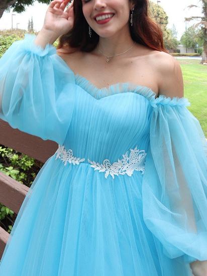 Sky blue off the shoulder long sleeve tulle prom dress_5