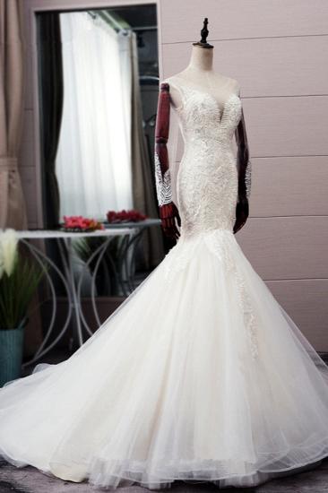 Bradyonlinewholesale Chic Jewel Tulle Mermaid Lace Wedding Dress Pearls Appliques Long Sleeves Bridal Gowns Online_4