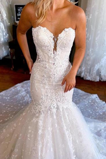 Sweetheart White Tulle Lace Bridal Gown Strapless Mermaid Wedding Dress_5