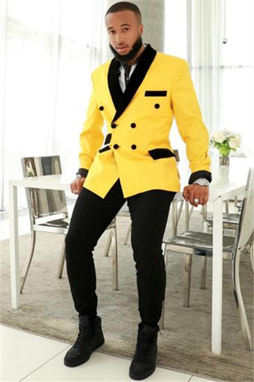 Stylish yellow double breasted slim fit men's suit with black cape