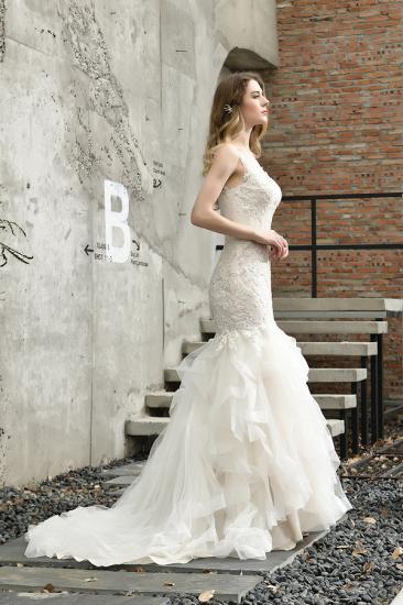 Luxury Mermaid Ivory V-neck Spring Lace Wedding Dress with Ruffles Train_9