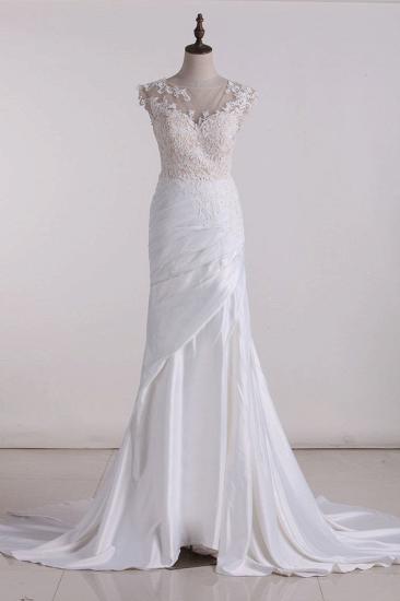 Bradyonlinewholesale Chic Jewel Tulle White Satin Wedding Dress Lace Appliques Ruffles Sleeveless Bridal Gowns On Sale