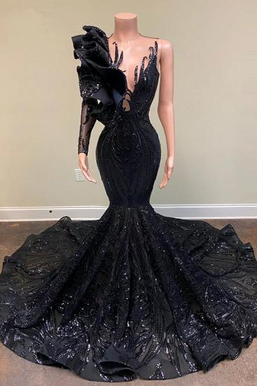 Black Long Sleeve Asymmetrical Floor Length Mermaid Prom Dress