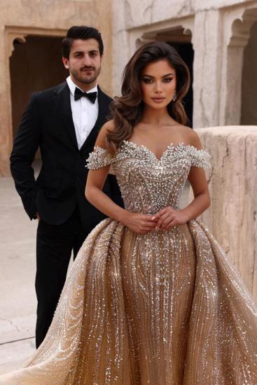 Champagne Sparkly Off Shoulder A Line Long Prom Dresses_3