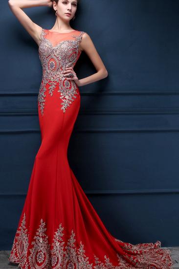 Red Mermaid Charming Applique Evening Dresses Court Train Sexy Sleeveless Prom Gowns_3