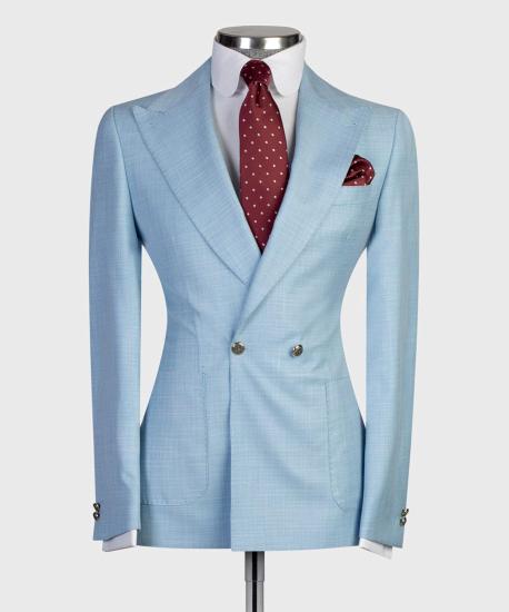 Fashion Sky Blue Double Breasted Men Suits with Point Collar_4