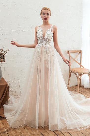 Illsuion neck Champange Wedding Dress with Chapel Train | Sleeveless Summer Bridal Gowns Online