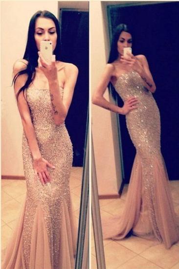 Strapless Mermaid Tulle Long Evening Dress Sexy Beadings Trumpet Formal Occasion Dresses for Women