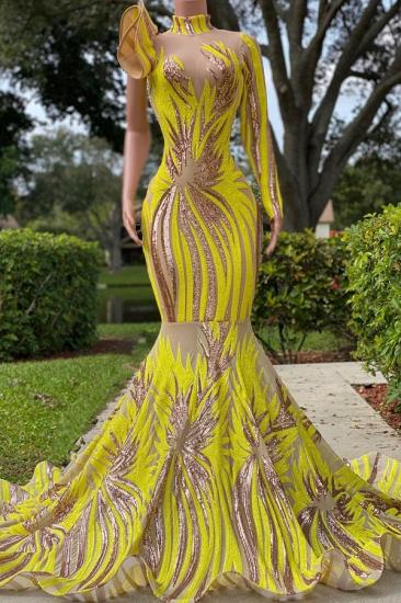 Chic Yellow Turtleneck Long Sleeves One Shoulder Mermaid Prom Dress_1