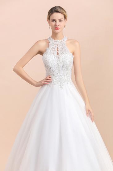 Elegant White Beaded Halter Ball Gown Lace Wedding Dress_5