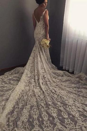 V-neck Sleeveless Mermaid Wedding Dresses Sexy Lace Appliques Bridal Gown_2