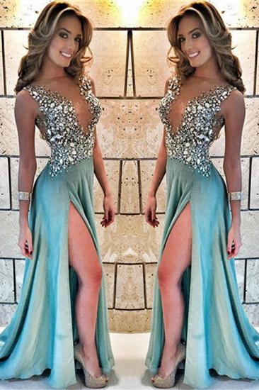 Sparkle Crystals Sheer Tulle Prom Dresses Sexy Split Sleeveless Formal Evening Gown_2