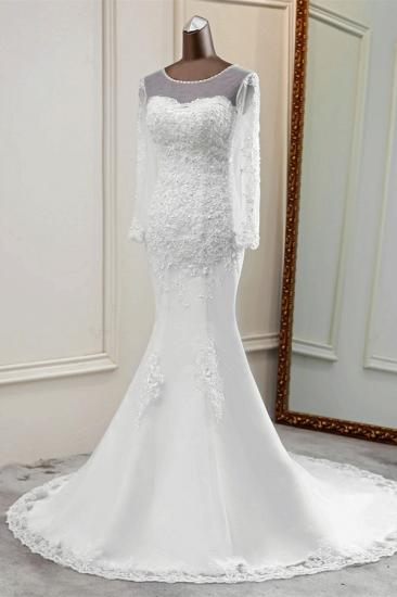 Bradyonlinewholesale Elegant Jewel Long Sleeves White Mermaid Wedding Dresses with Rhinestone Applqiues_3