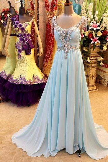 Light Blue Chiffon Long Prom Dresses Sleeveless Open Back Elegant Popular Long Evening Dresses_1