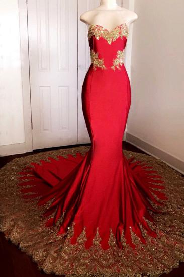 2022 Sexy Strapless Red Prom Dress with Gold Lace | Mermaid Prom Dresses on Mannequins with Long Train