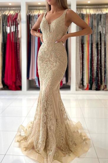 Sexy Deep V-Neck Mermaid Prom Dress with Floral Lace Appliques_3
