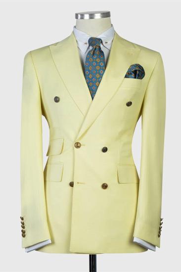 Newest Light Yellow Double Breasted Peaked Lapel Men Suits_1