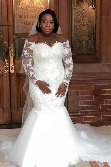White Long sleeve Off-the-shoulder Mermaid Lace Wedding Dresses_2