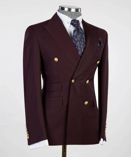Fashionable pointed lapel burgundy double breasted men's suit_3