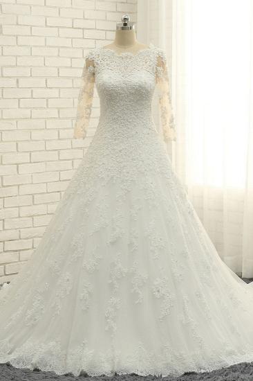 Bradyonlinewholesale Elegant A-Line Jewel White Tulle Lace Wedding Dress 3/4 Sleeves Appliques Bridal Gowns with Pearls_1