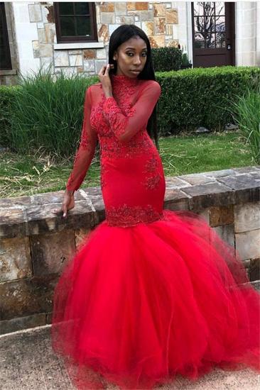 Red Tulle High-Neck Prom Dresses | Cheap Mermaid Long-Sleeves Evening Gowns_1