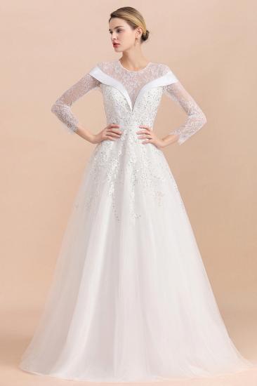 Modest White Beaded Appliques Long Sleeves Round neck Floor length Lace Wedding Dress_9